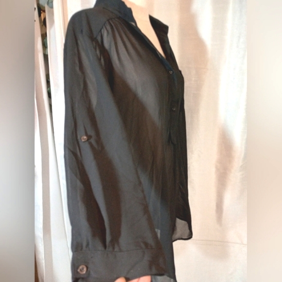 Nazz Couture Blouse, Women, Roll Tab Sleeve, 1/2 BttnUp, Black,Pckt, see thru, L - Picture 4 of 11